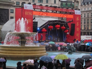 And here's the stage where most of those events took place...and note the Hong Kong/Cantonese heritage of London's Chinatown, with 'kung hei fat choi' instead of the Mandarin 'gong xi fa cai'...