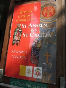 The door of St Anselm and St Caecilia's Roman Catholic Church in Kingsway, London, WC2