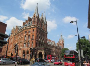 One of the glories of English railway architecture, St Pancras Station, as seen from the far side of the Euston Road...